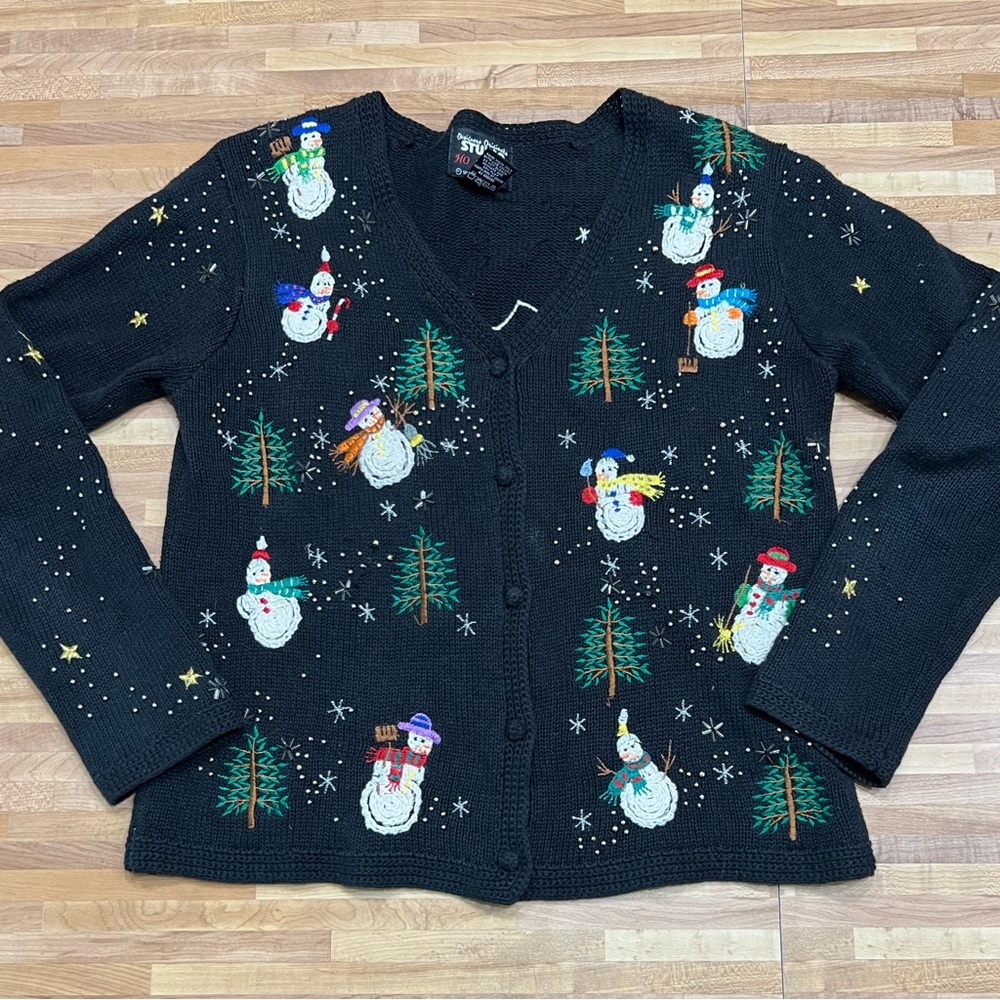 Vintage Christmas Cardigan Chunky Knit Sweater Snowman Xmas Tree Embellished